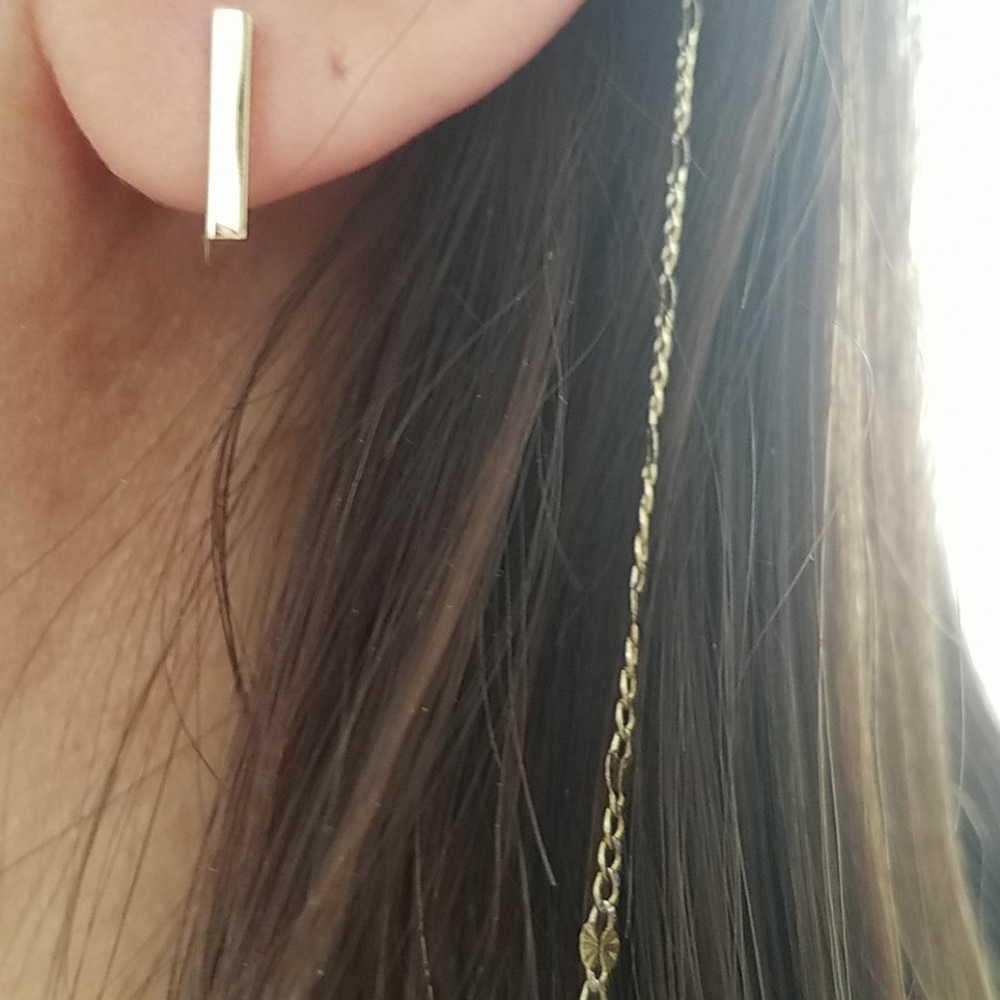 12mm 14k Yellow gold Bar Earrings push back - Picture 2 of 7